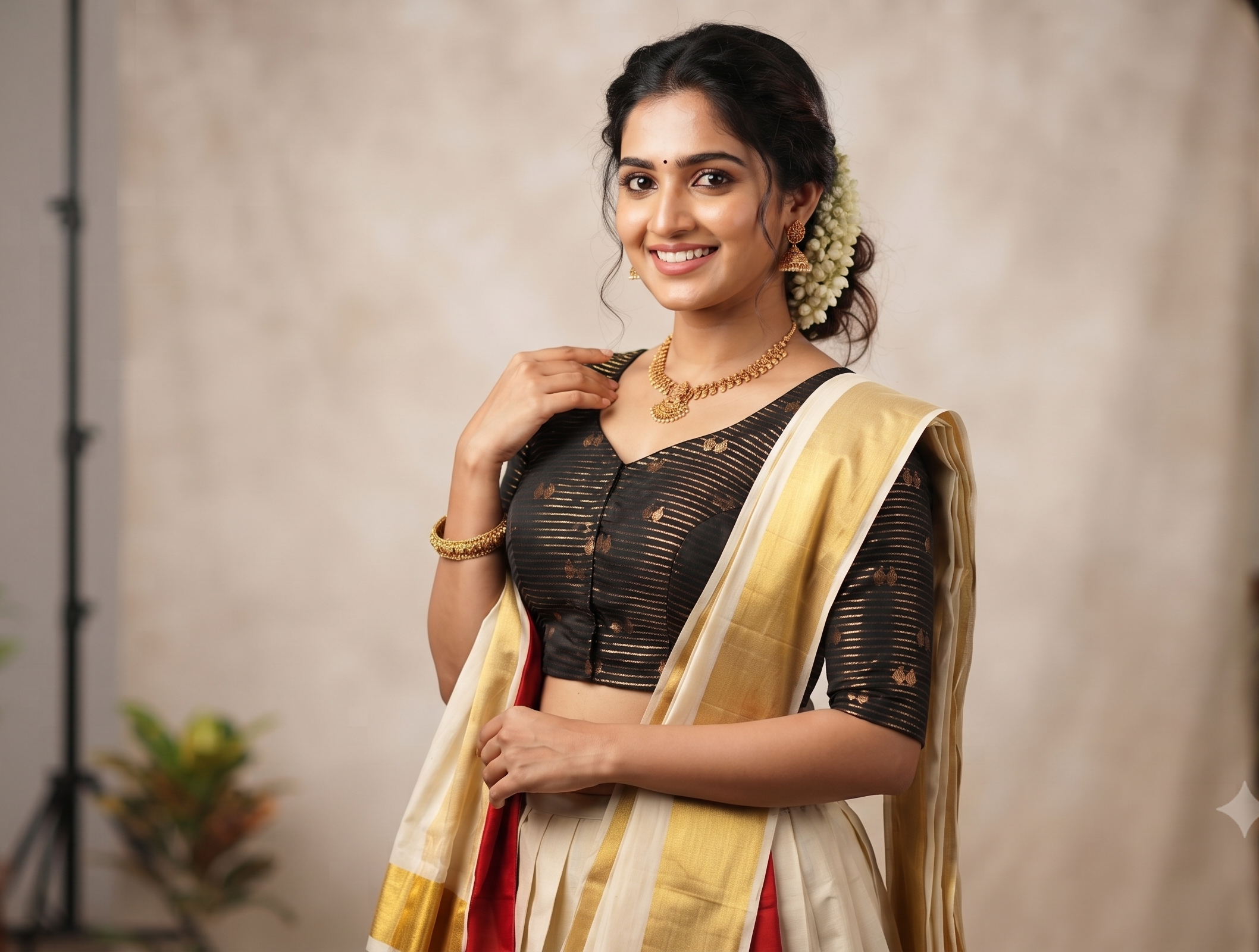 Women's Black Chanderi Silk Front Open Readymade Blouse with Golden Woven Stripes | Padded Saree & Midi Blouse