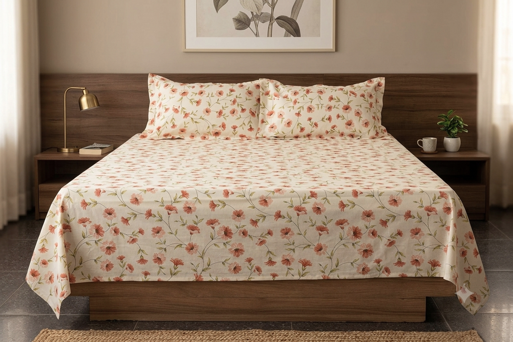 Queen Size Cotton Blend Floral Printed Bedsheet – 90 x 100 Inches