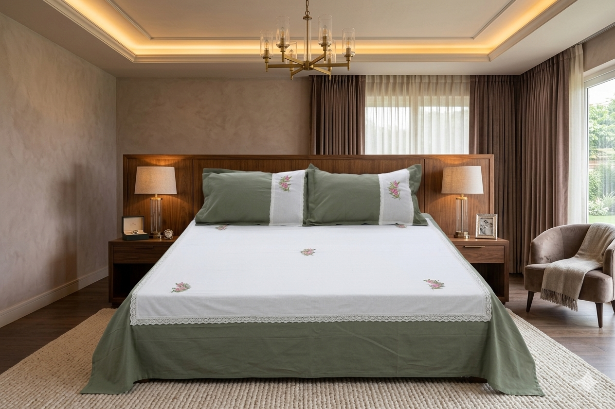 Elegant Floral Embroidered King Size Bedspread Set – White & Sage Green | Premium Cotton Bedding with Pillow Covers