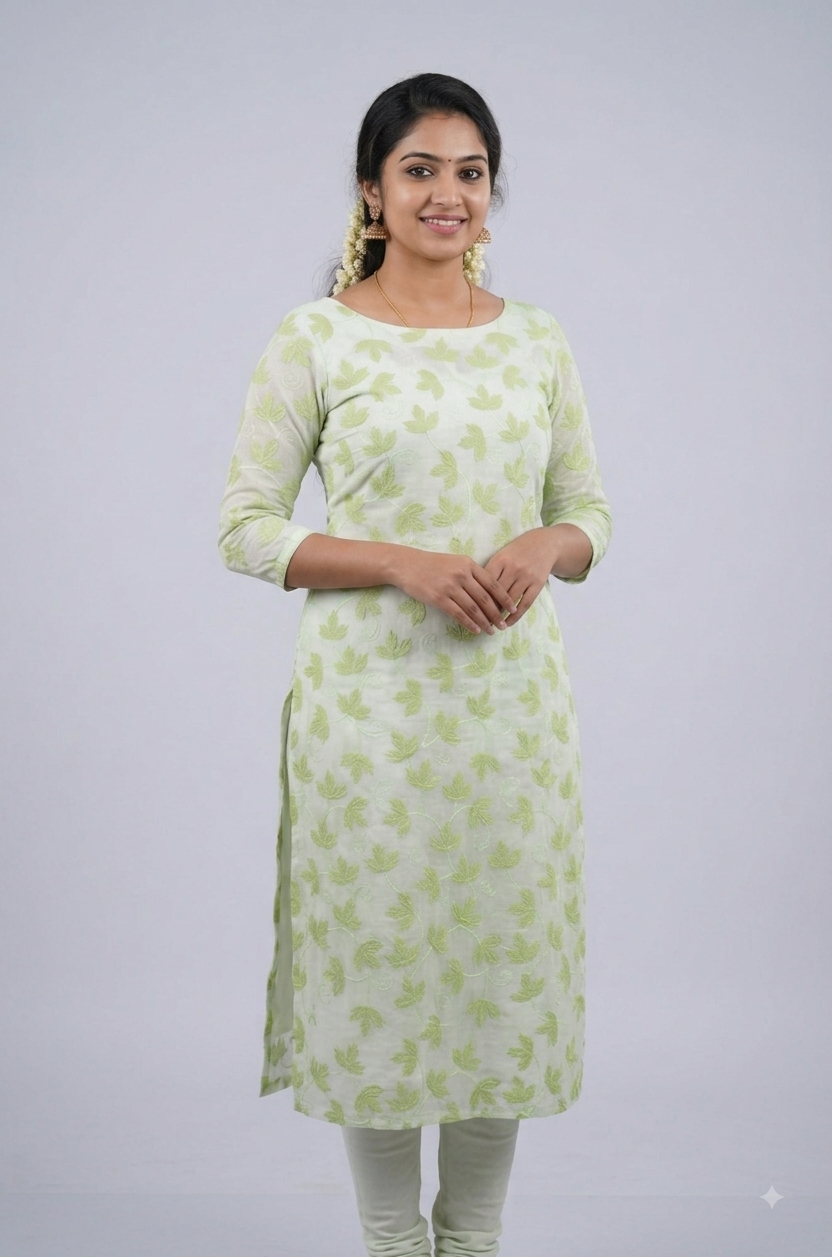Pastel Green Floral Leaf Appliqué Floral Mul Chanderi Dress Material – 2.5 Mtr Top Fabric