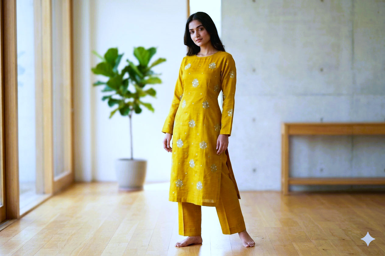 Golden Mustard Berlin Silk Embroidered Dress Material Set