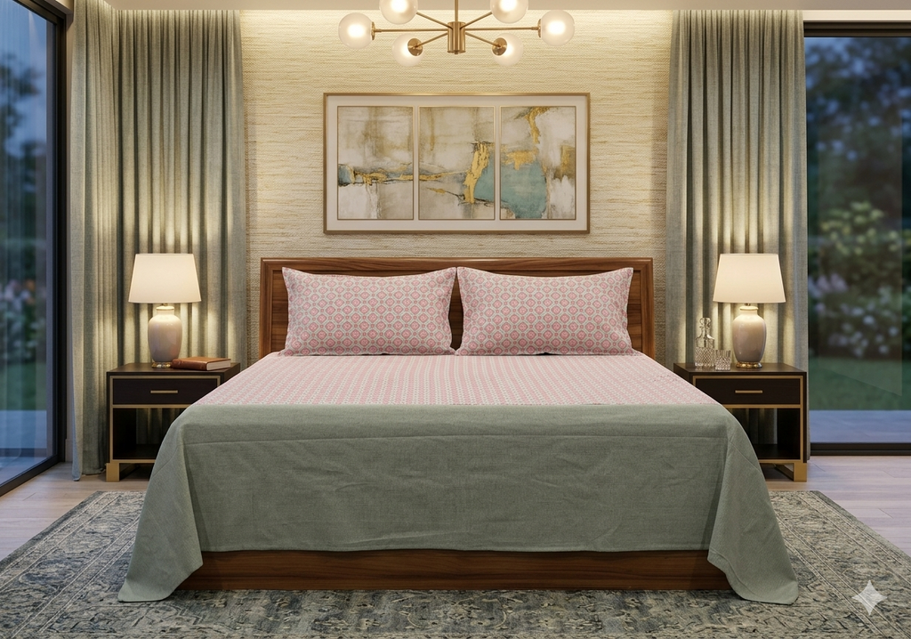 Pink Floral Print King Size Bedsheet with 2 Pillow Covers