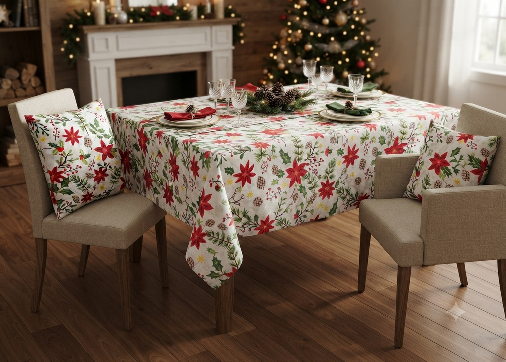 Christmas Printed Running Fabric – 60 Inch Wide Poinsettia, Holly & Pine Design Home Décor Material