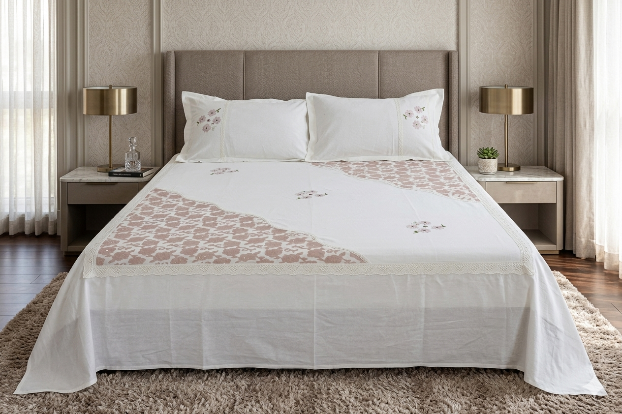 Elegant Floral Embroidered King Size Bedspread Set with 2 Pillow Covers – White & Blush Pink