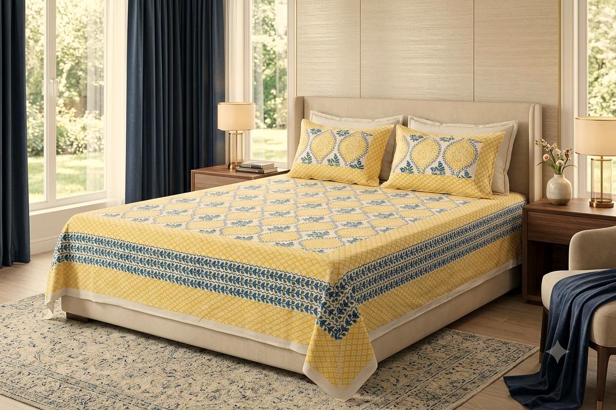 Queen Size Cotton Bedspread – Yellow & Blue Floral Printed Design (90*100)