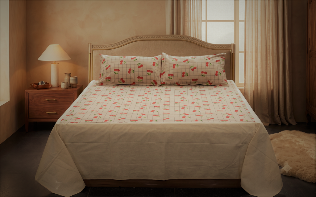 Cherry Grid Print King Size Bedspread Set –  Cotton  | Cream & Red
