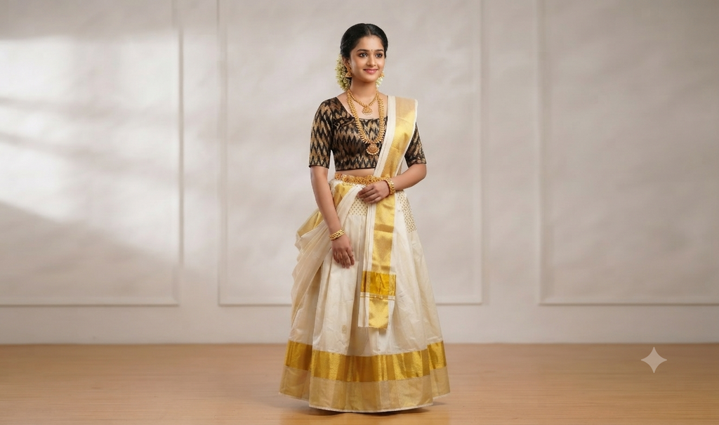 Women's Chanderi Silk Front Open Saree Blouse | Gold Ikat Pattern | Padded Readymade Blouse for Saree & Midi