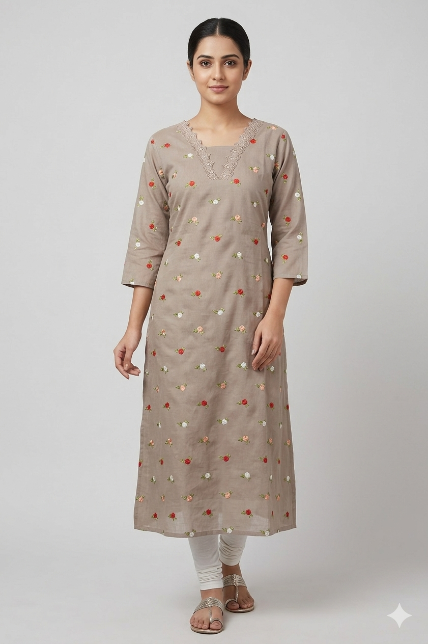 Elegant Beige Floral Flared Kurthi with Embroidered Neckline