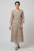 Elegant Beige Floral Flared Kurthi with Embroidered Neckline