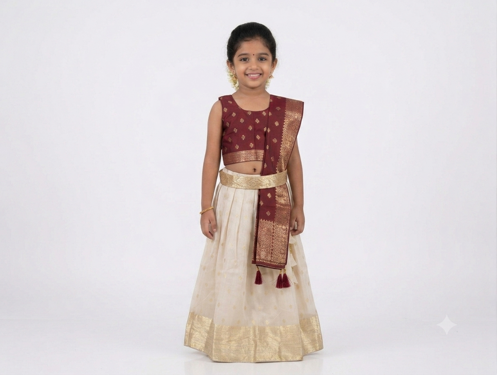 Traditional & Elegant Girls' Readymade Dhavani Set - Maroon & Off-White with Gold Brocade