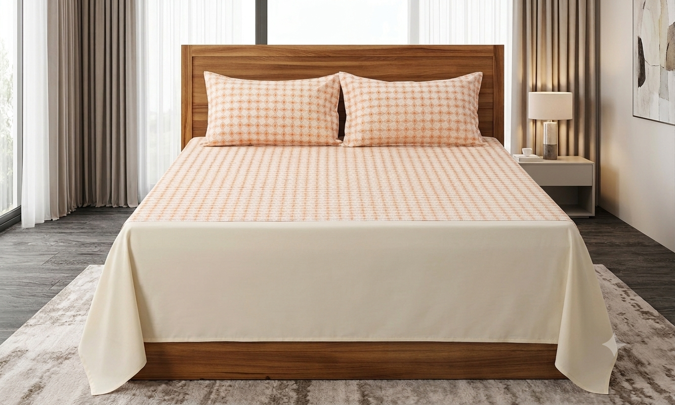 King Size Cotton Bedsheet with 2 Pillow Covers – Cream & Peach Geometric Print |