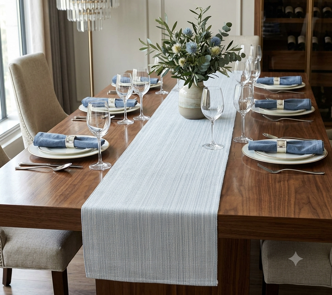 Elegant Blue & White Textured Table Runner – 2.10 M x 40 cm