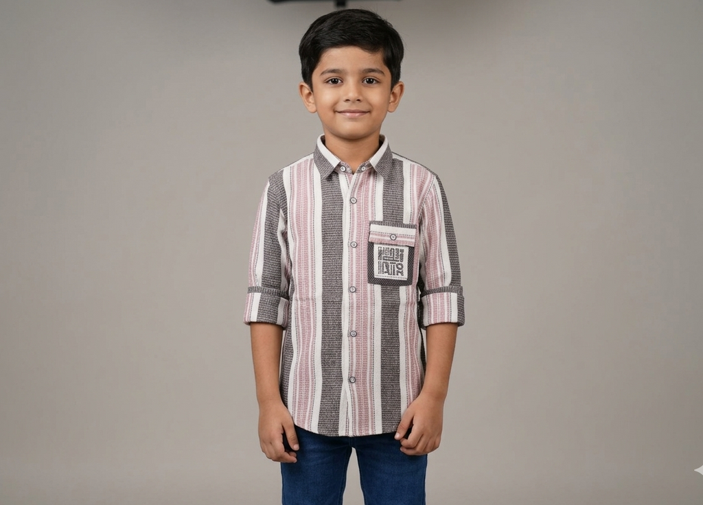 Kids Full Sleeve Striped Cotton Shirt – Pink, White & Charcoal Grey Casual Button-Down Shirt
