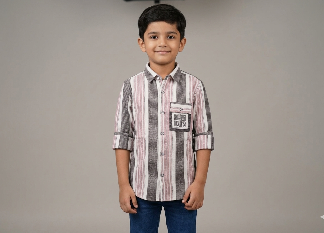Kids Full Sleeve Striped Cotton Shirt – Pink, White & Charcoal Grey Casual Button-Down Shirt