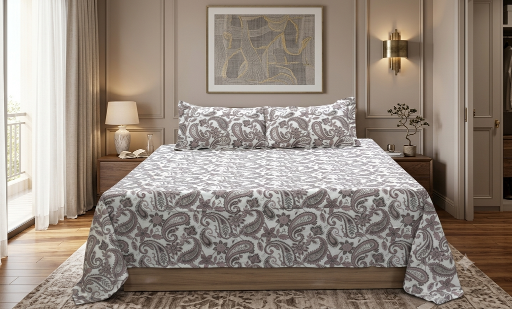 Premium Cotton Blend Double Bedsheet – 110 x 110 Inches | Elegant Paisley Floral Print