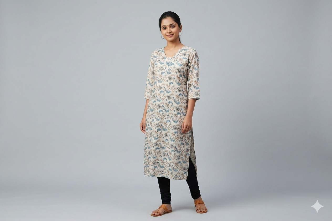 Elegant Beige Floral Print Flared Kurthi – Soft Cotton Blend | 3/4 Sleeve Casual Wear