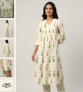 Elegant Cream Floral Print Cotton Churidar Top & Bottom Set for Women