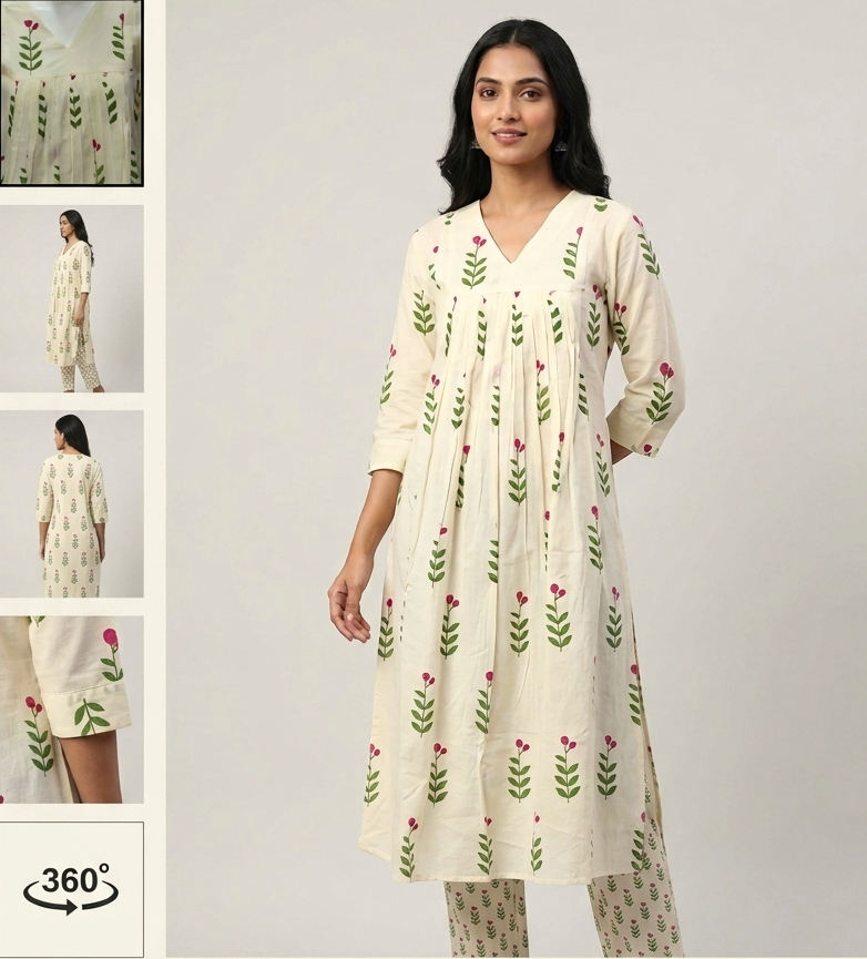 Elegant Cream Floral Print Cotton Churidar Top & Bottom Set for Women