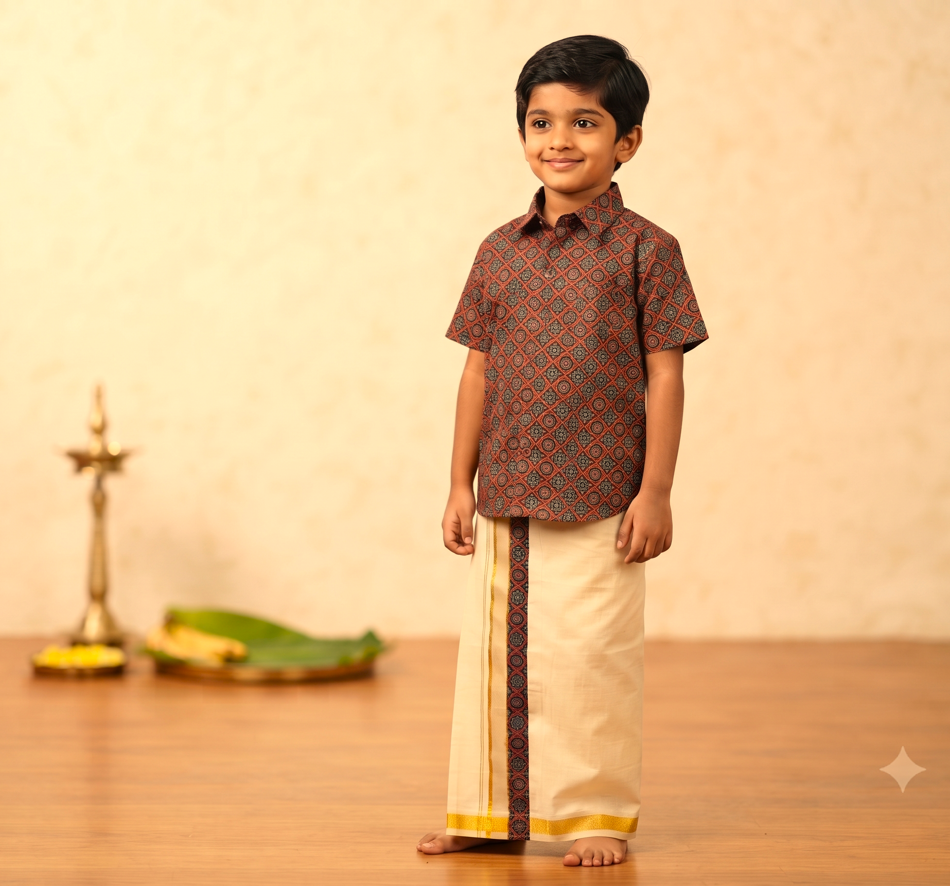 Kids Onam Shirt & Kasavu Dhoti Combo Set | Traditional Kerala Festive Wear | Maroon Printed Shirt with White Kasavu Mundu