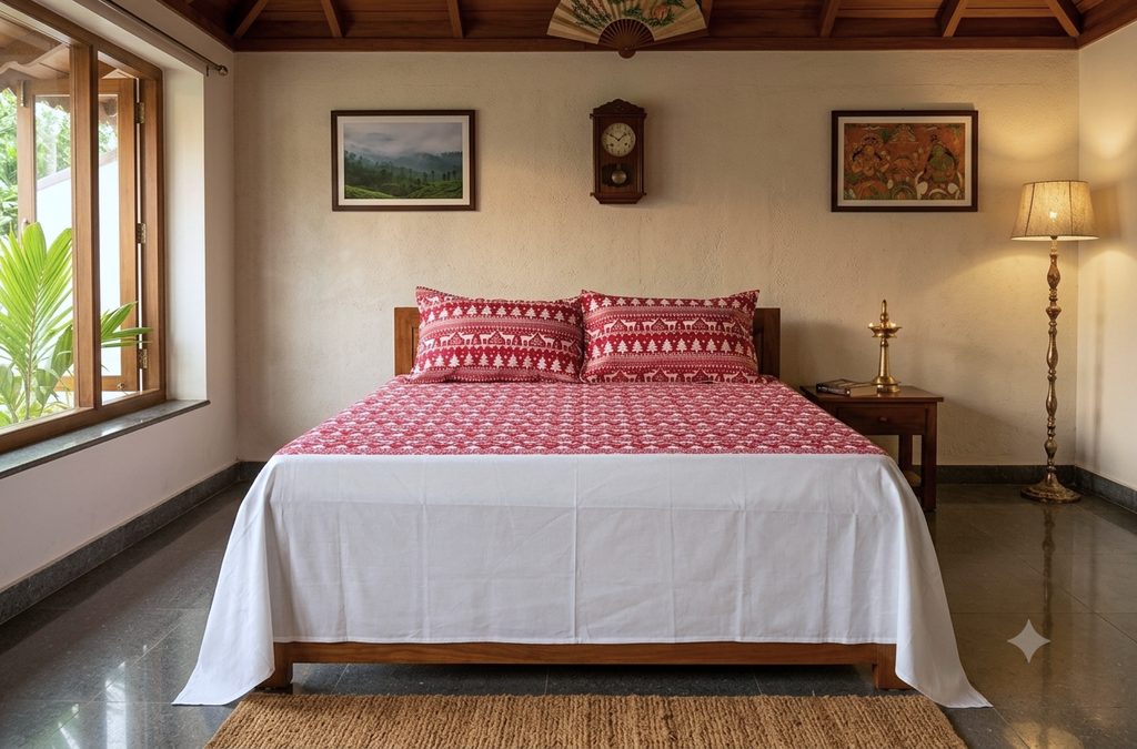 King Size Cotton Bedspread – Maroon & White Printed Design | 100 × 110 Inches