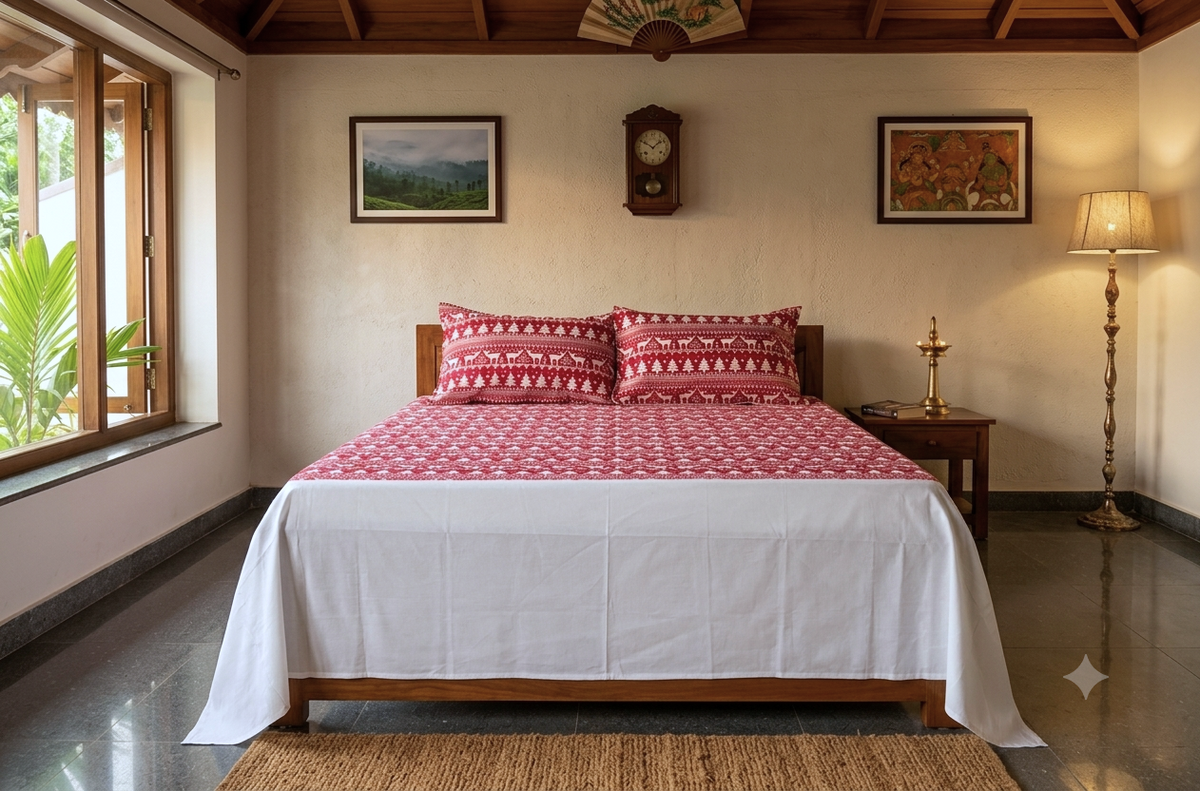 King Size Cotton Bedspread – Maroon & White Printed Design | 100 × 110 Inches