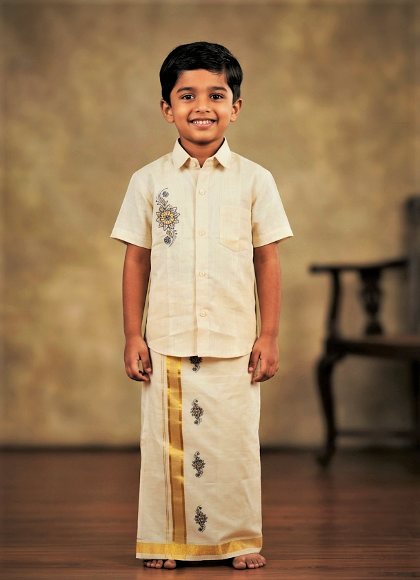 Kids Onam Shirt & Velcro Dhoti Combo Set – Cream Ethnic Shirt with Golden Kasavu Mundu | Traditional Kerala Festival Wear for Boys