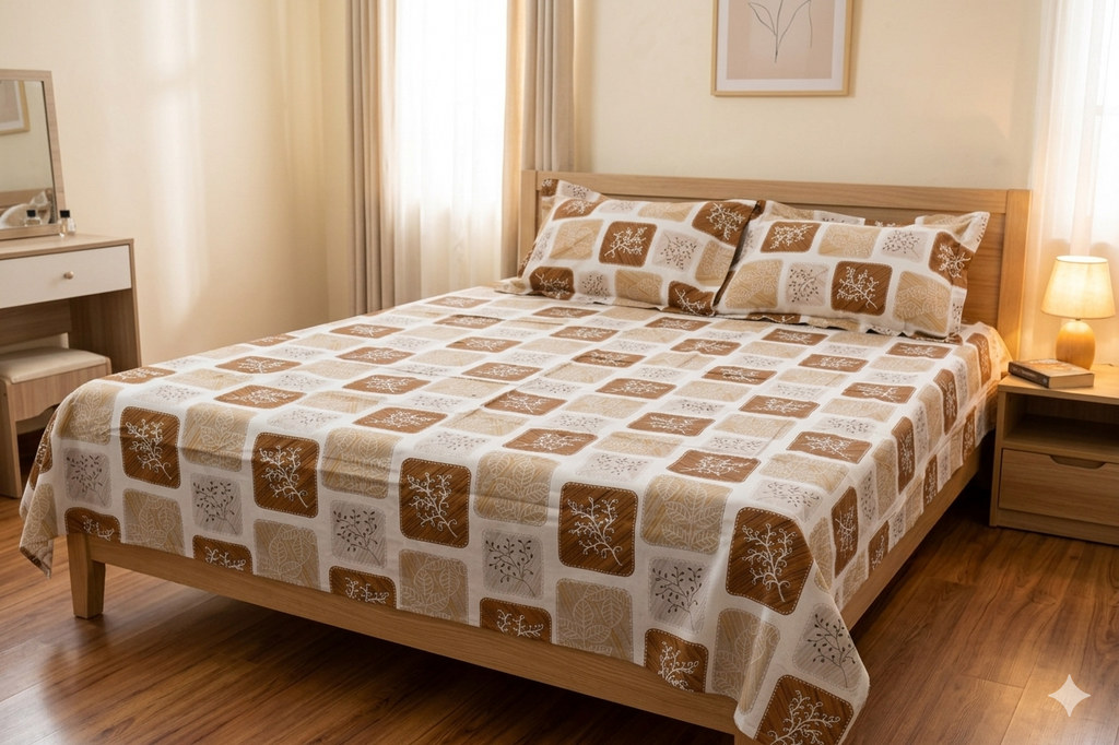 Queen Size Premium Cotton Bedsheet with Elegant Brown Leaf Print – 3 Piece Set
