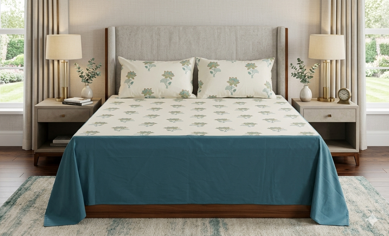 Elegant Lotus Bloom King Size Bedspread Set – White & Teal Floral Printed Bedding with Pillow Covers