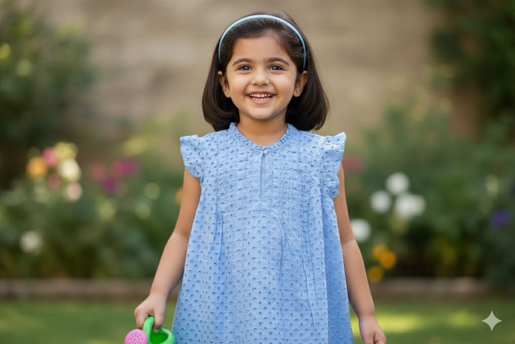 Sky Blue Cotton Eyelet Kids Frock with Ruffle Sleeves