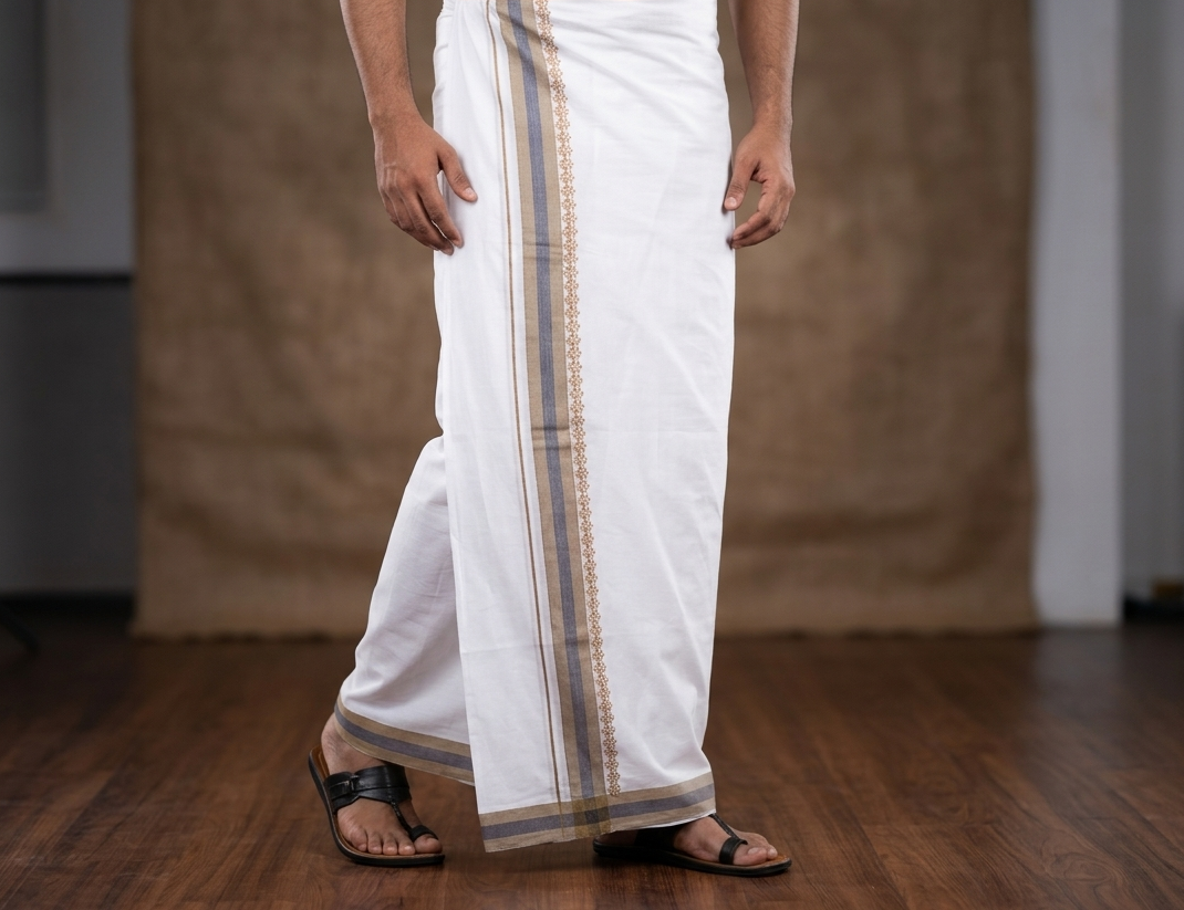 Premium Cotton Double Mundu with Kasavu & Blue Border