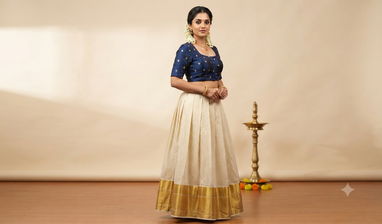 Navy Blue Chanderi Silk Front Open Saree Blouse | Readymade Designer Blouse with Elbow Sleeves