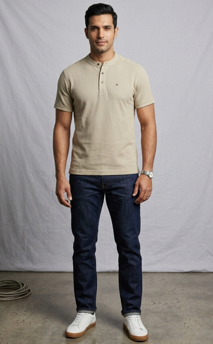 Men’s Off-White Textured Henley T-Shirt | Casual Slim Fit Half Sleeve Tee