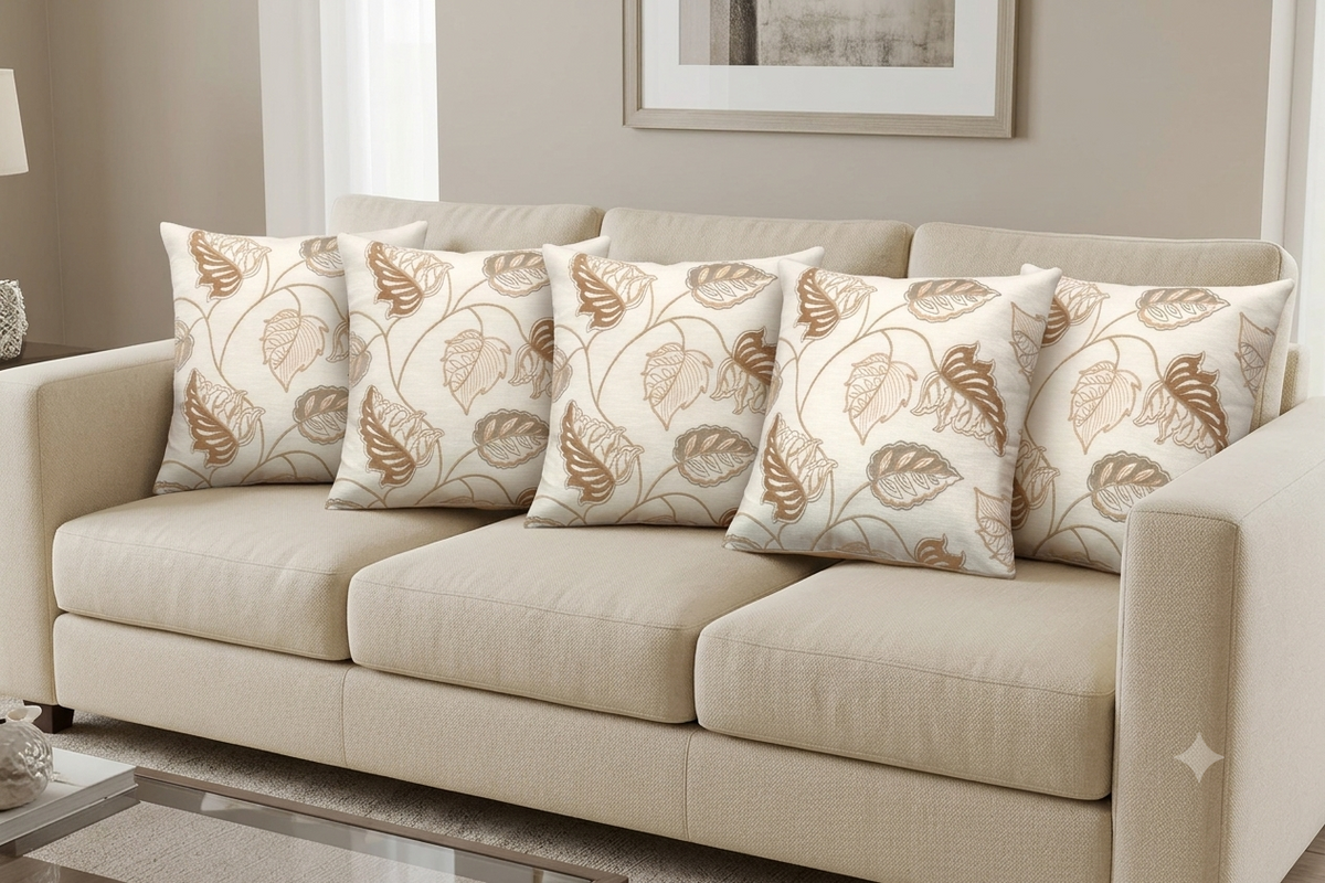 Elegant Beige and Brown Floral Leaf Cushion Covers – Set of 5