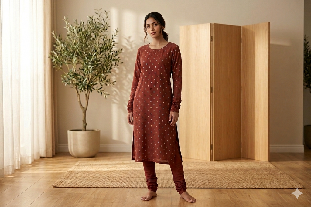 Premium Terracotta Brown Vertican Silk Unstitched Dress Material Set - 2.5m Top & 2m Bottom (56" Width)