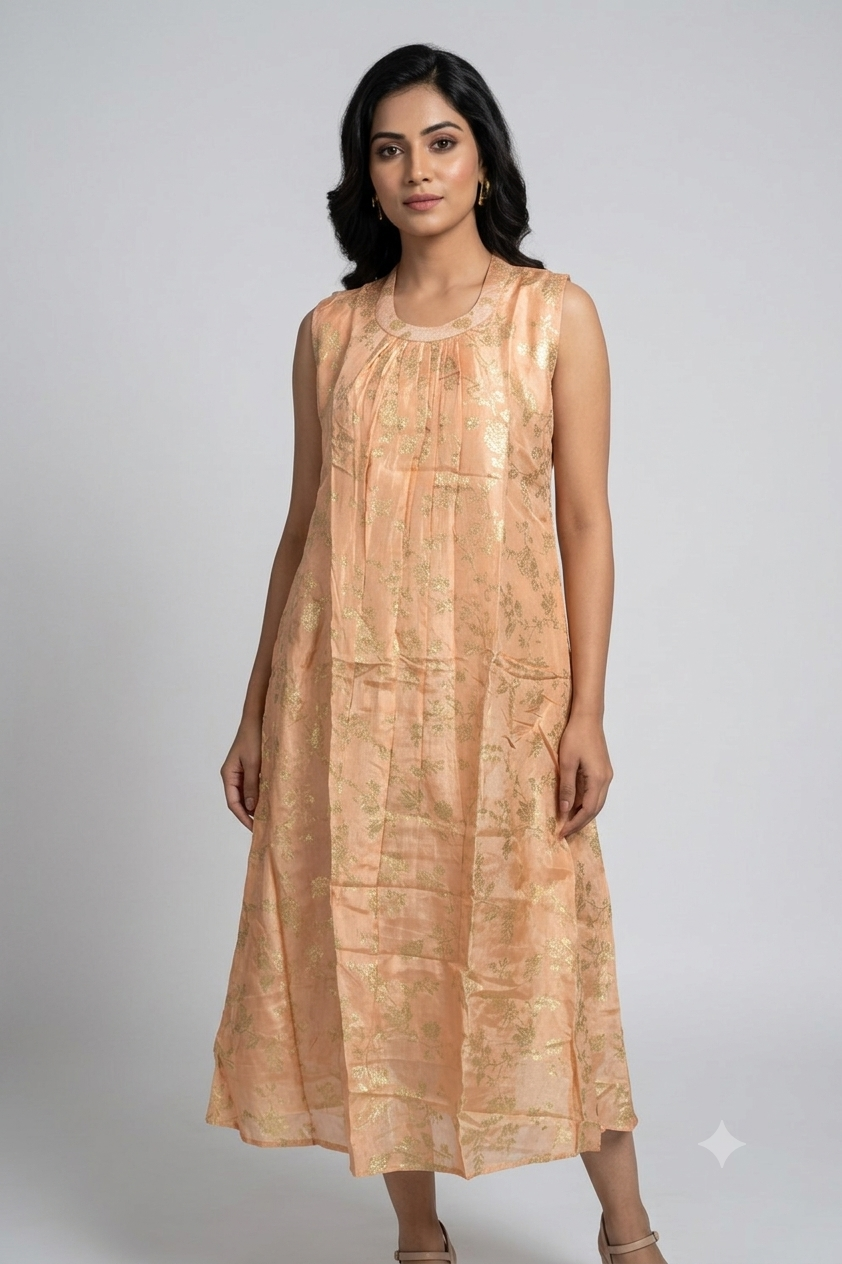 Women's Brocade Churidar Top with Gold Floral Weaving | Sleeveless Kurti Top with Sleeve Material Included