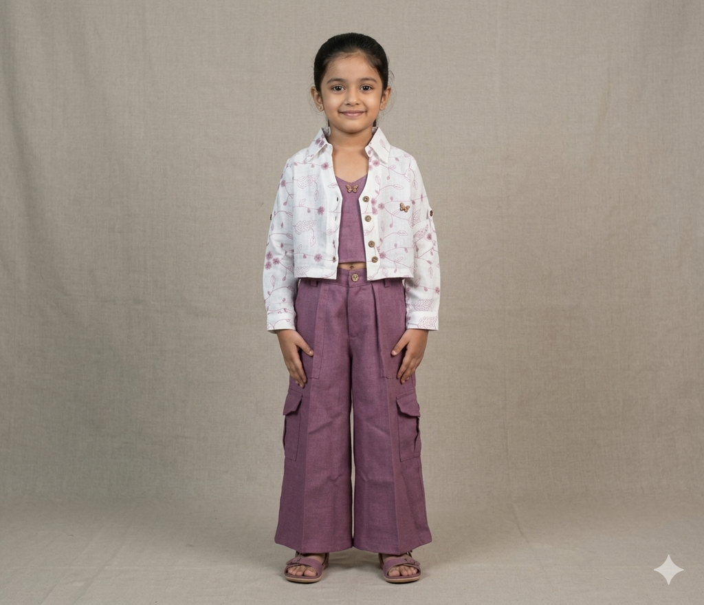 Girls 3-Piece Co-Ord Set – Floral Printed Shirt, Solid Crop Top & Wide-Leg Cargo Pants | Mauve &  White