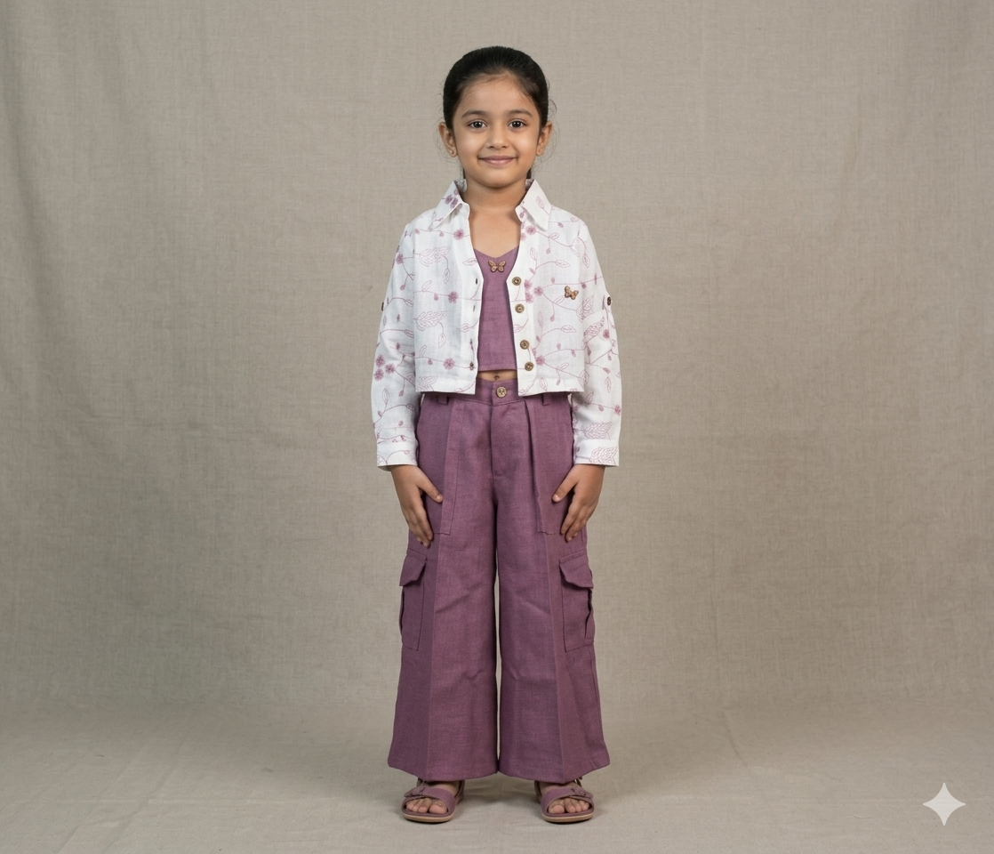 Girls 3-Piece Co-Ord Set – Floral Printed Shirt, Solid Crop Top & Wide-Leg Cargo Pants | Mauve &  White
