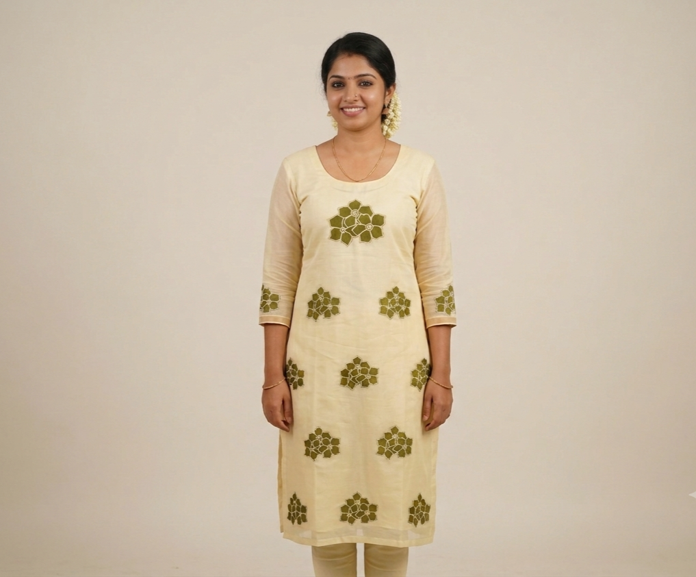 Mul Chandari Appliqué Work Top Material – Off White & Olive Green Floral Design | 44 Inch Width | 2.5 Meter Fabric