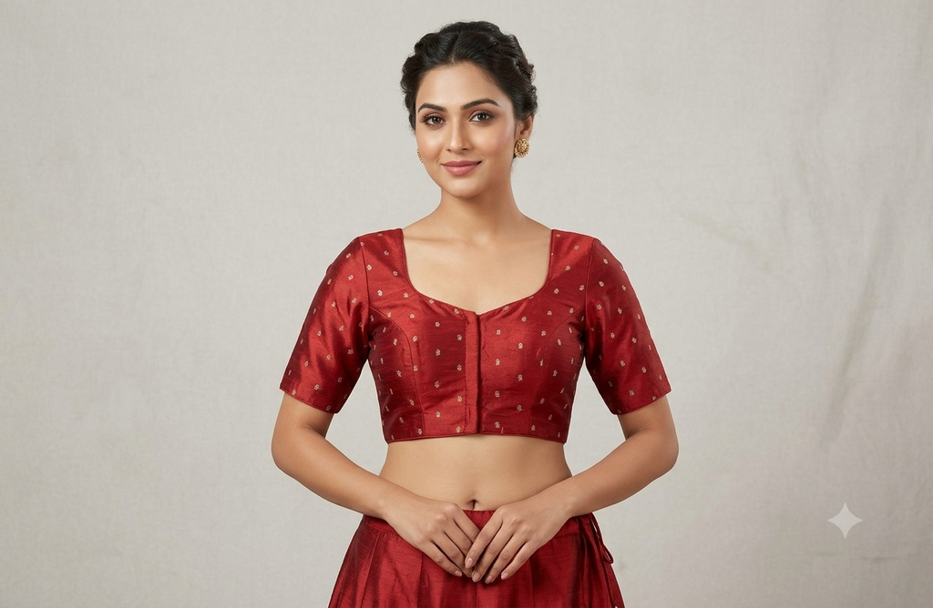 Women's Maroon chanderi Silk Saree Blouse with Gold Butti Design | Readymade Blouse for Sarees & Midi