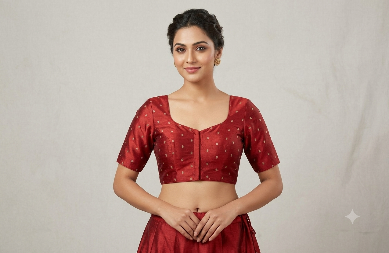 Women's Maroon chanderi Silk Saree Blouse with Gold Butti Design | Readymade Blouse for Sarees & Midi