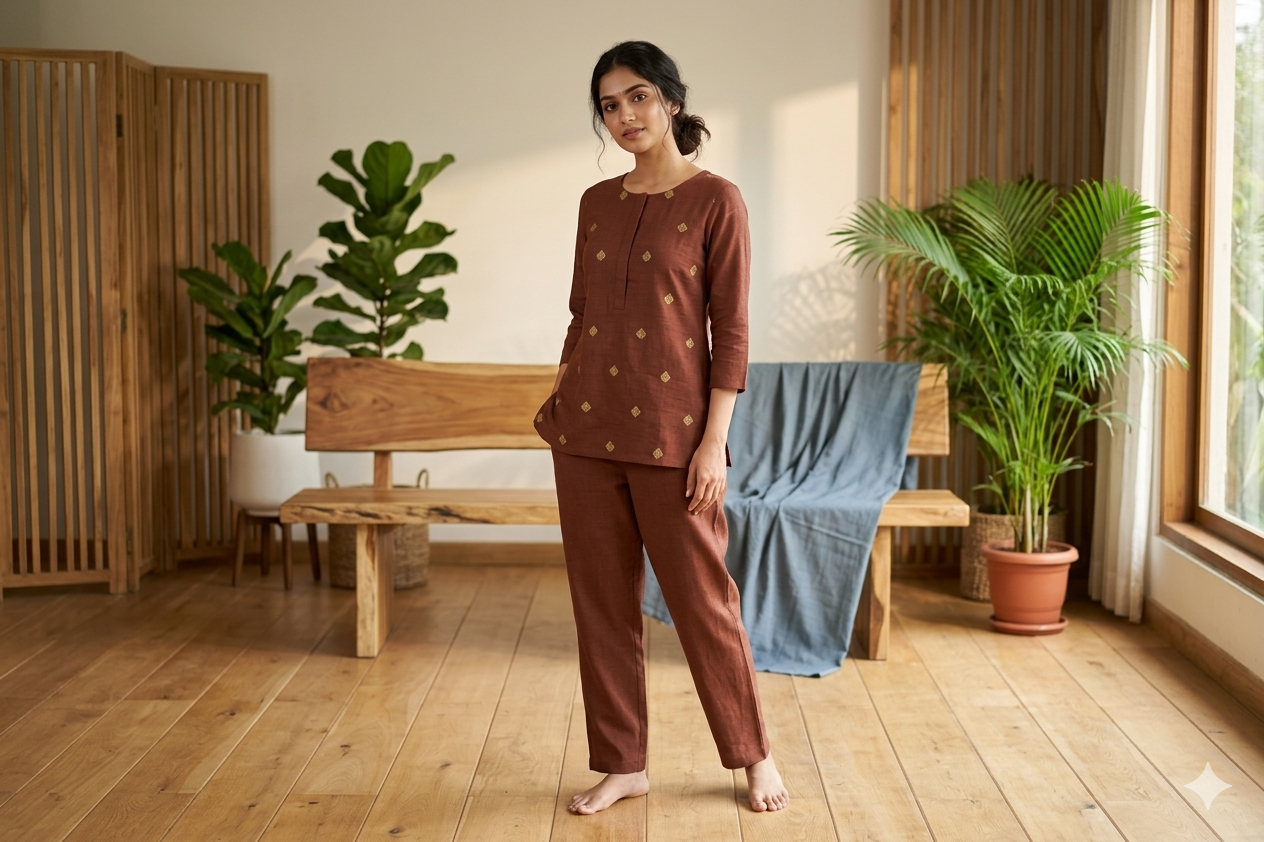 Rust Brown Semi Linen Dress Material Set with Gold Butti – 44” Width