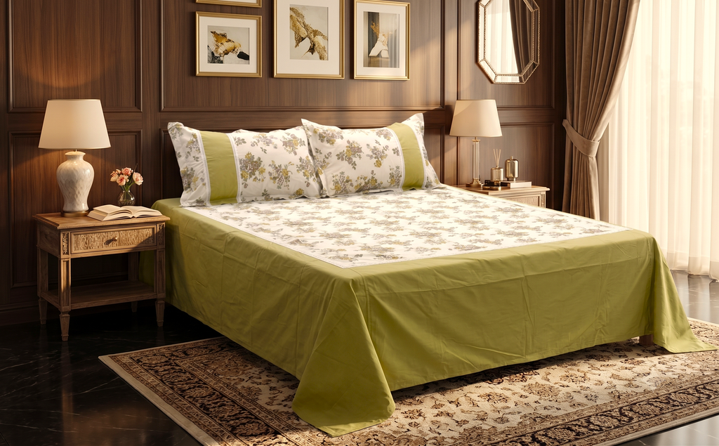 Premium Floral King Size Bedspread Set with 2 Pillow Covers | Cotton Blend |  Green & White | 98 × 102 Inches