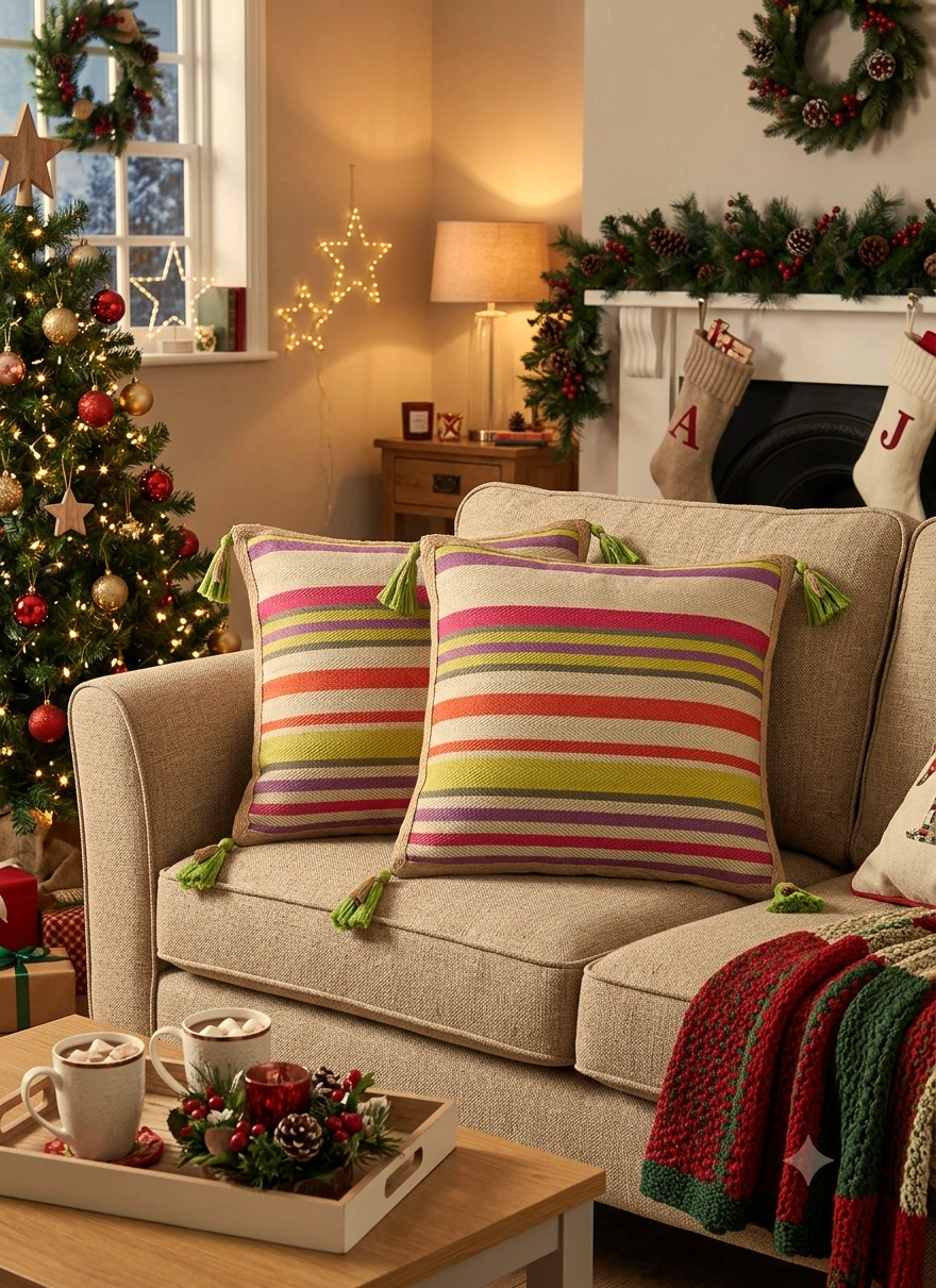 Multicolour Striped Cushion Cover 16 x 16 Inch with Tassels | Nushio by Pulpel