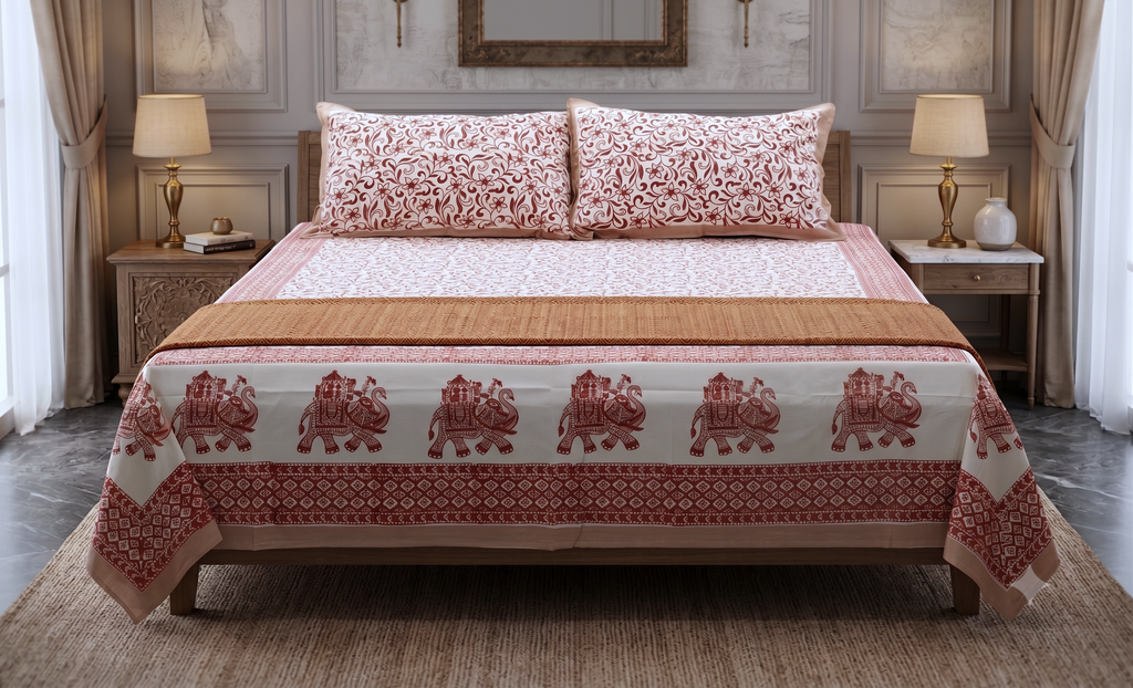 Queen Size Cotton Bedsheet with 2 Pillow Covers (86 x 104 Inches) | Traditional Elephant Print | Breathable