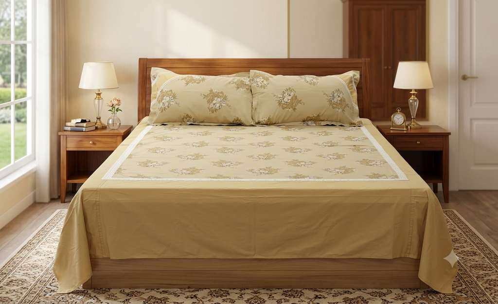 King Size Floral Bedspread Set with 2 Pillow Covers – Beige | 96 x 102 Inches | Soft & Elegant Bedding