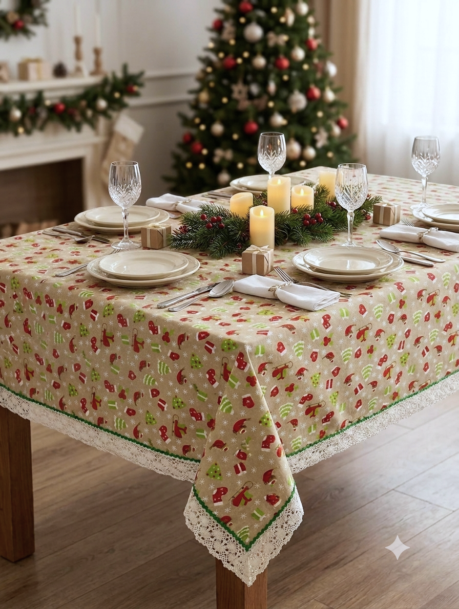 Christmas Printed Table Cloth with Decorative Lace Border | 295 × – Nushio by Pulpel