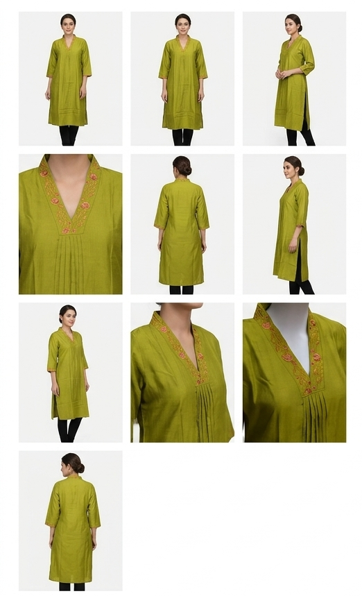 Green Printed  Churidar Top for Women | Embroidered V-Neck Kurti Top