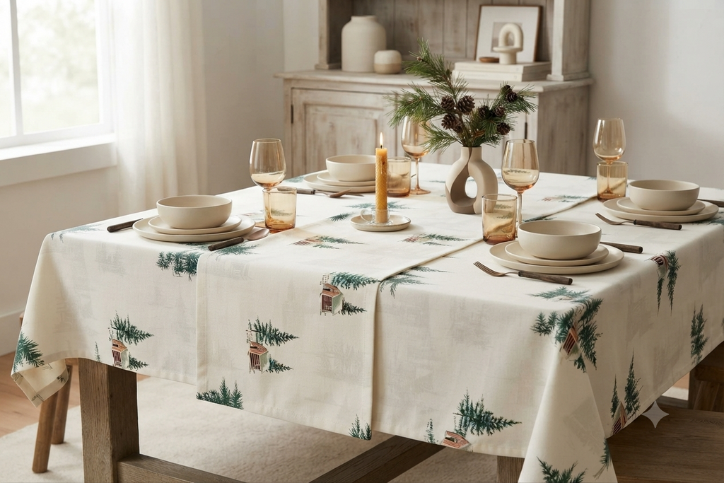 Christmas Pine Tree & Cabin Printed Fabric Running Material – 60 Inch Wide | Table Cloth, Table Runner & Cushion Cover Fabric