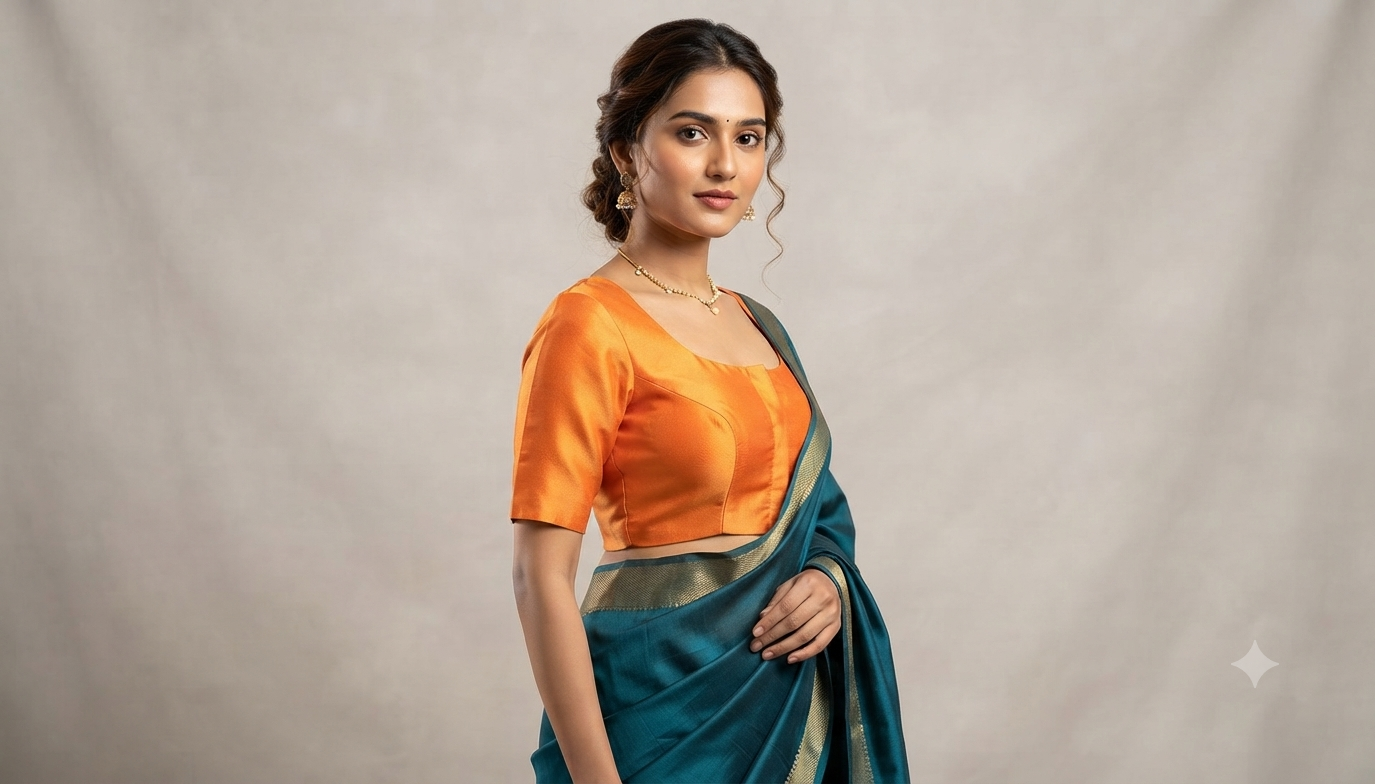 Orange Chanderi Silk Front Open Saree Blouse | Readymade Padded Blouse for Saree & Midi | Half Sleeve