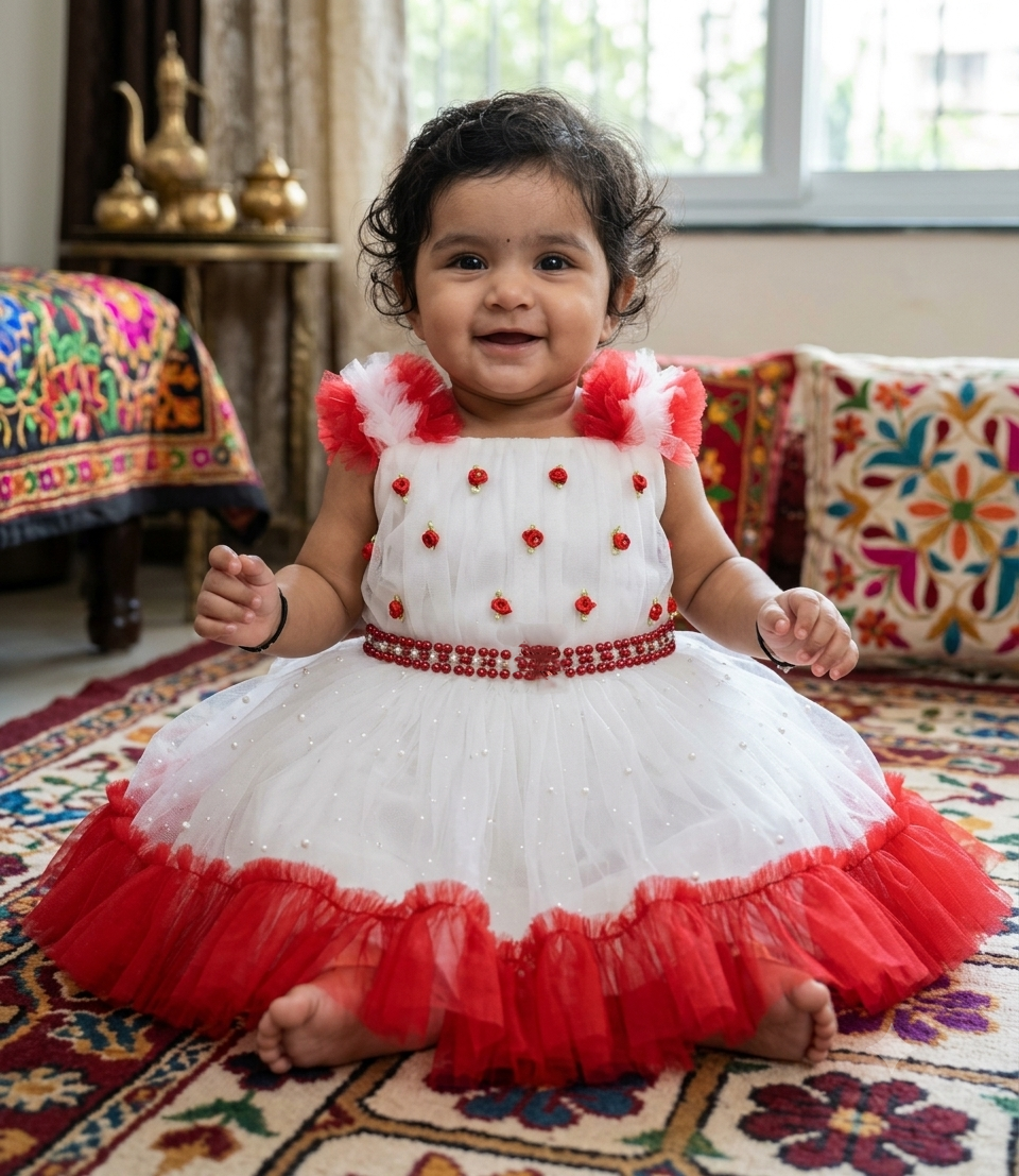 Baby Girls Red & White Fancy Frock – Beautiful Party Wear Dress